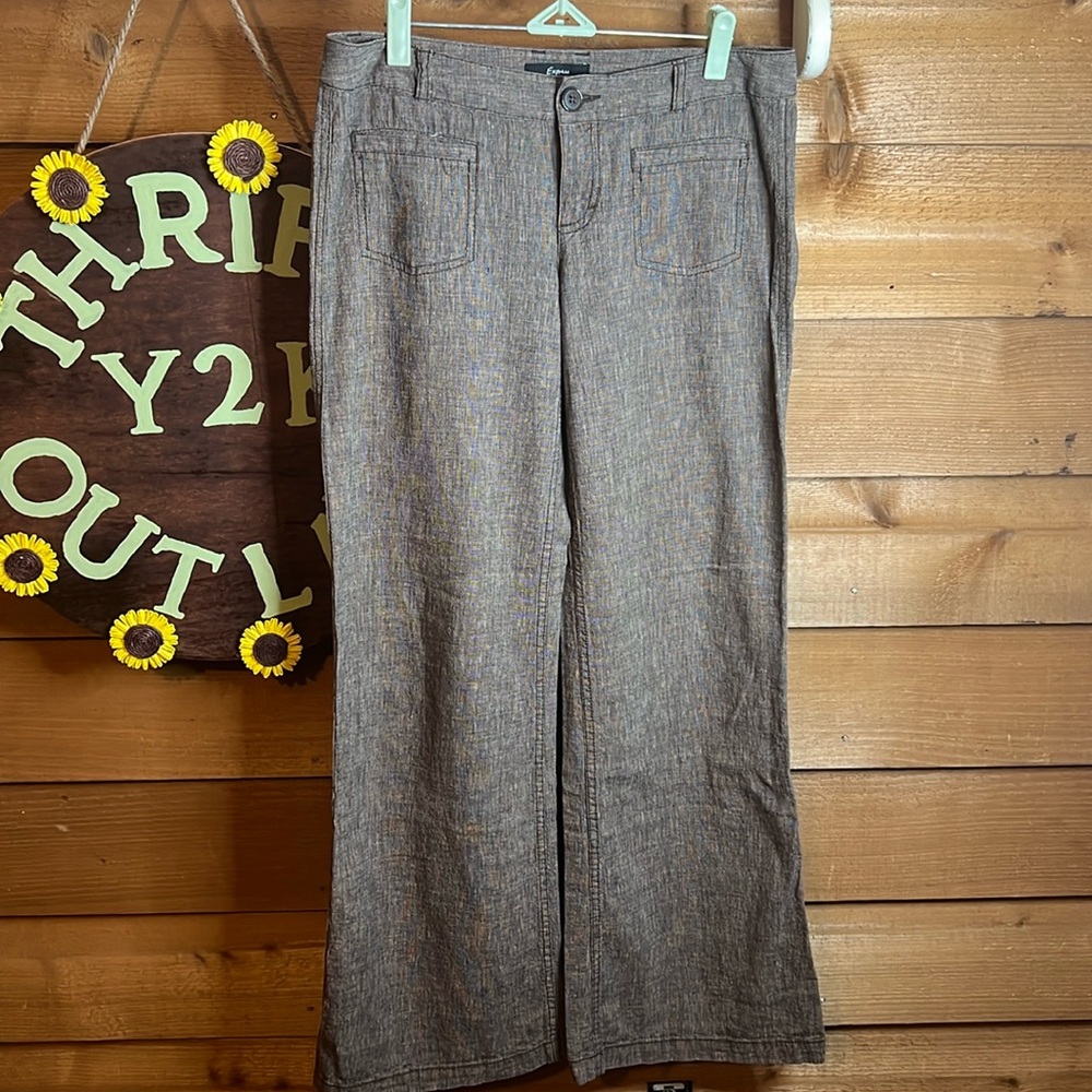 Vintage Y2K Express Barrel Wide Leg Linen Cotton Pocket Low Rise Pant Trouser